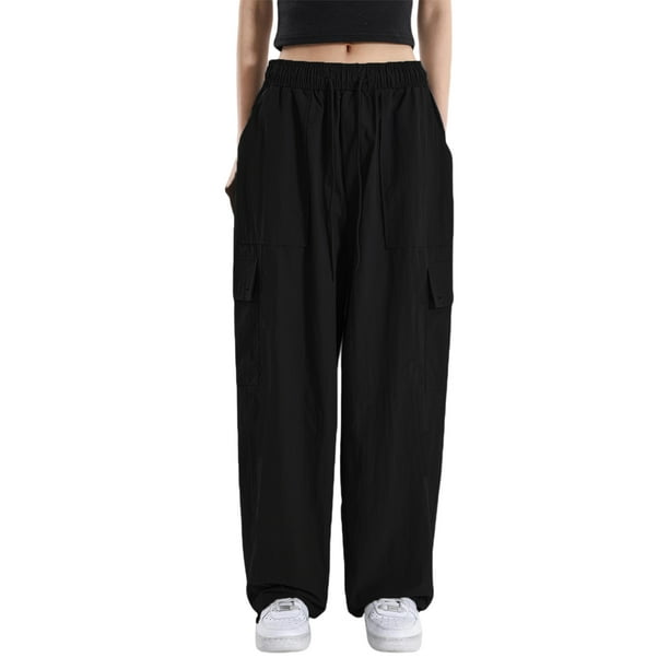 Sunloudy Pantalones cargo casuales para mujer, pantalones sueltos de moda de cintura baja elásticos de color sólido con bolsillos laterales Sunloudy moda