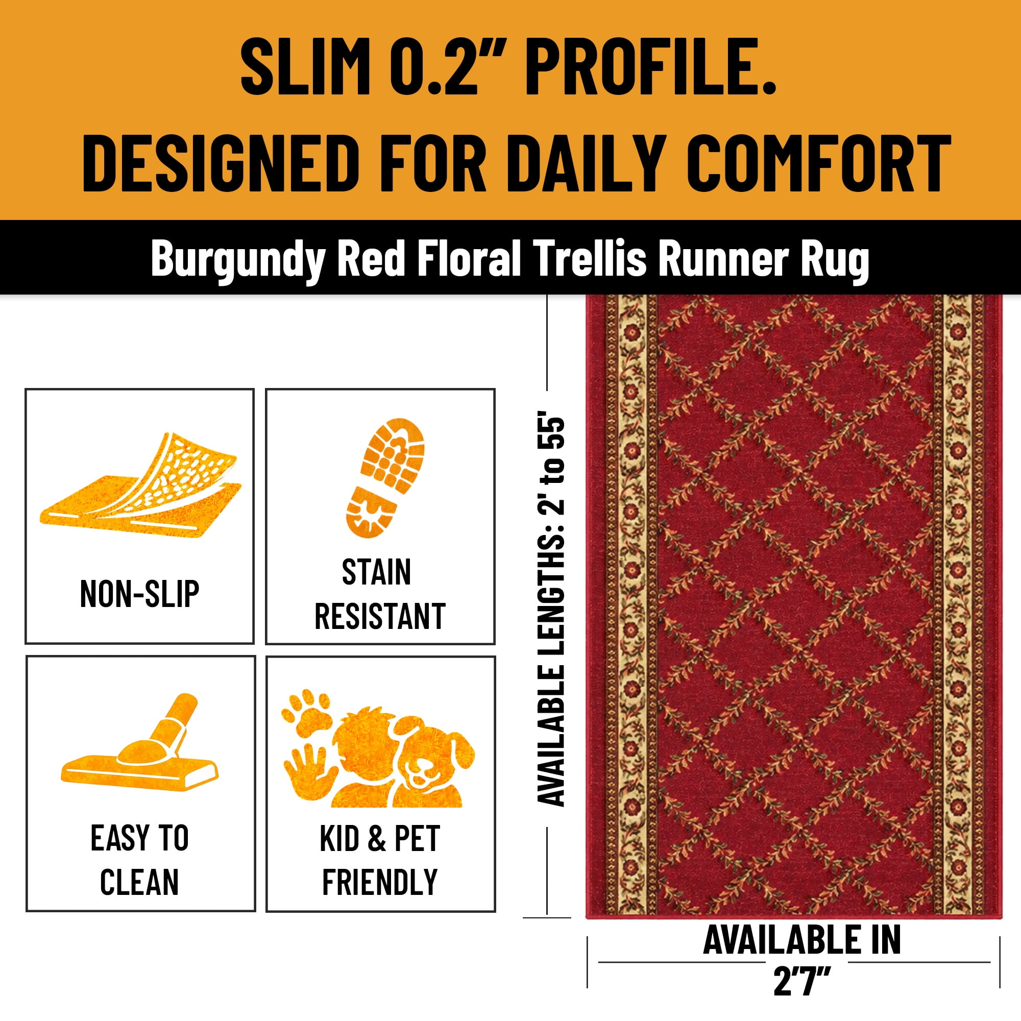 Ottomanson Extra Long Runner Rug 2'7" x 15' – Non-Slip Low Pile Hallway Carpet, Trellis Burgundy Red