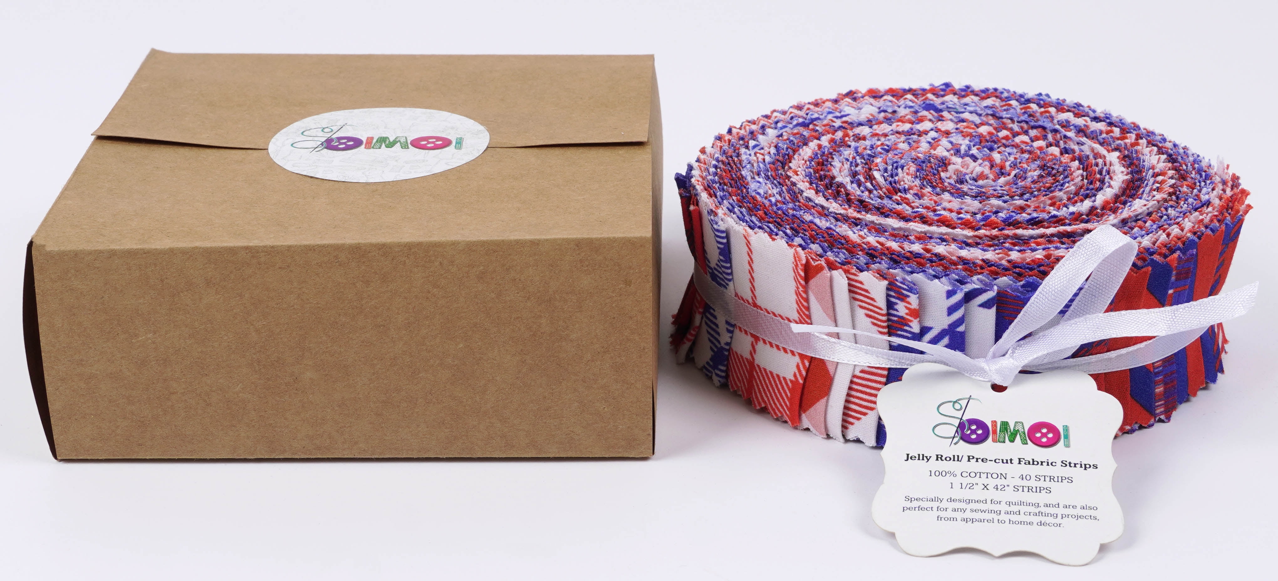 Soimoi 40Pcs Check & Tartan Print Precut Fabrics Strips Roll Up 1.5x42inches Cotton Jelly Rolls For Quilting - Red, Blue & White