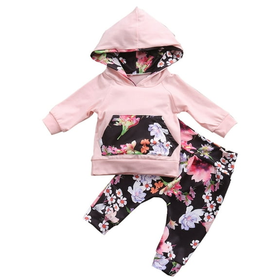 Infant Baby Girl Floral Pattern Long Sleeve Hoodie and Pants 2 pcs Cotton Outfit (100/18-24 Months, Pink/White Floral)