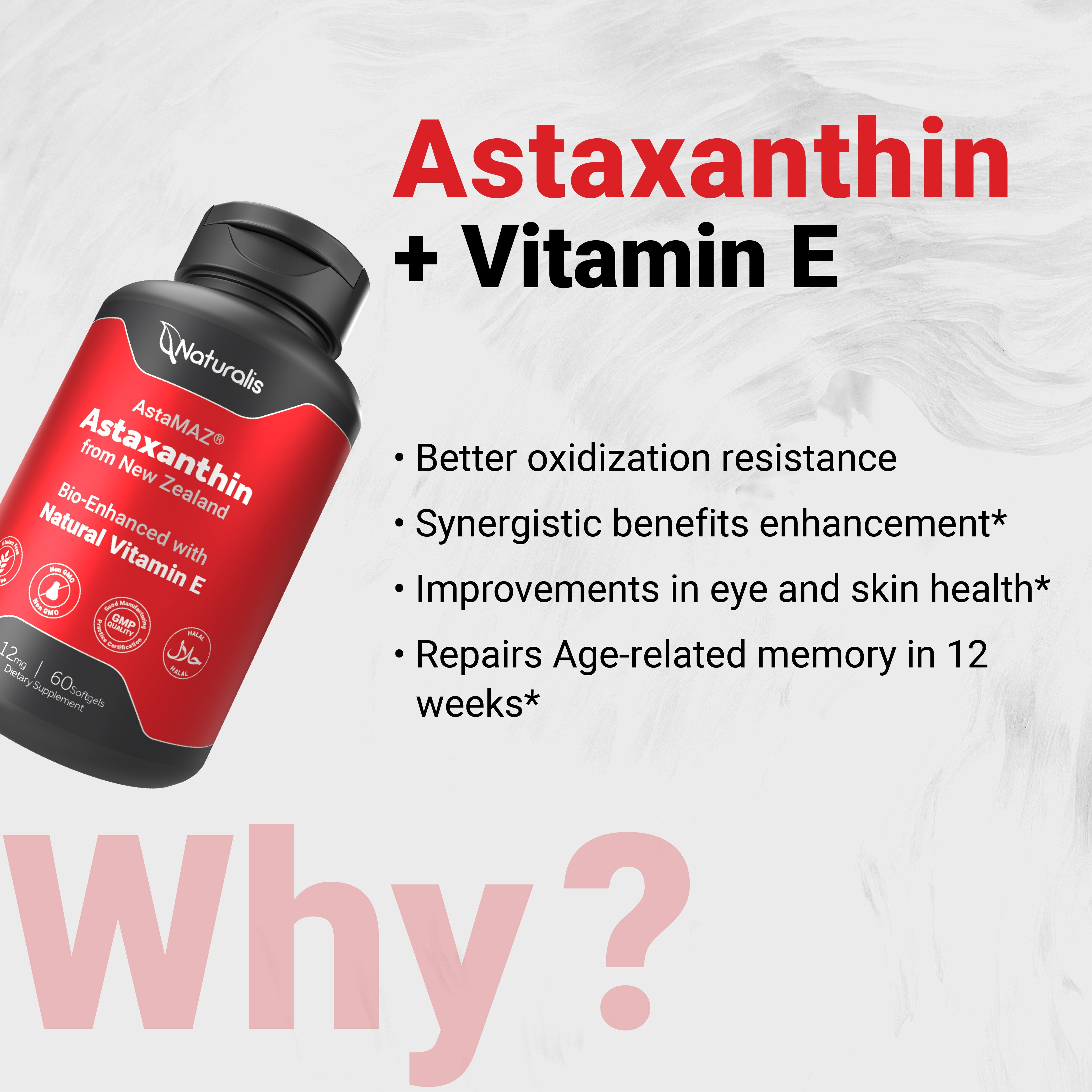 Naturalis New Zealand Astaxanthin (12mg) | Triple Strength with High-Oleic Sunflower Oil | Non-GMO, Soy & Gluten Free | 60 Softgels (2-Month Supply)