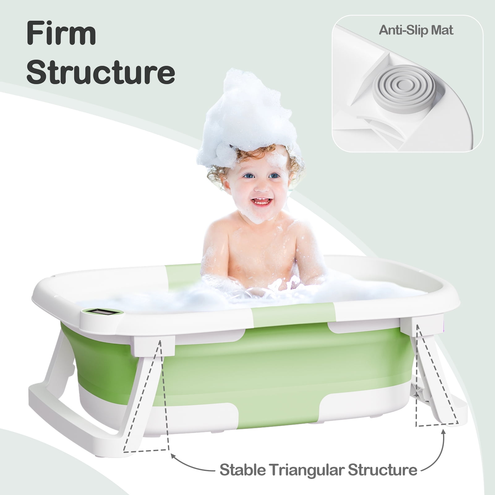 Aprpink Foldable Baby Bathtub PP+TPE with Soft Bath Net&Thermometer for 0-36 Months Toddler Green