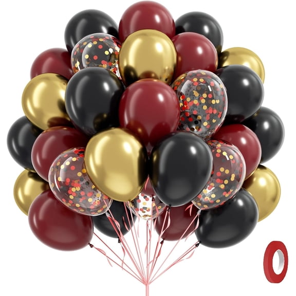 PUMIER 60 Pcs 12 Inch Maroon Gold Black Balloons Set with Confetti Balloons, Ribbon & Glue Dots for Birthday, Baby Shower, Graduation Decorations