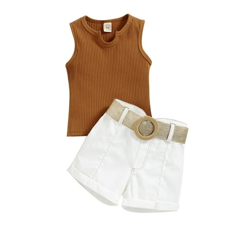 

ZHUASHUM Summer Toddler Girls Sleeveless Ribbed Vest Tops And Shorts Belt Outfit