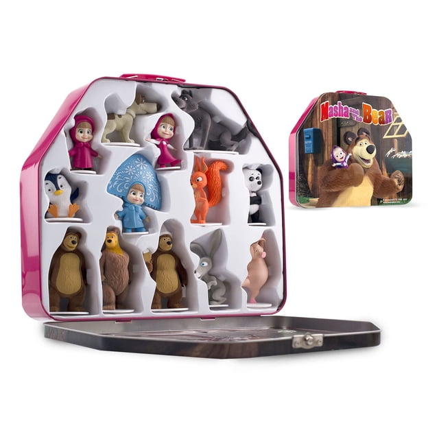 Set de juego de juguete LUPPA Masha y el oso con 13 figuras y caja de hojalata