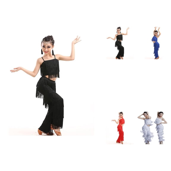 Girls Latin Dancewear Set, Two Piece Tassel Camisole and Fringe Pants, Modern Salsa Ballroom Performance Outfit
