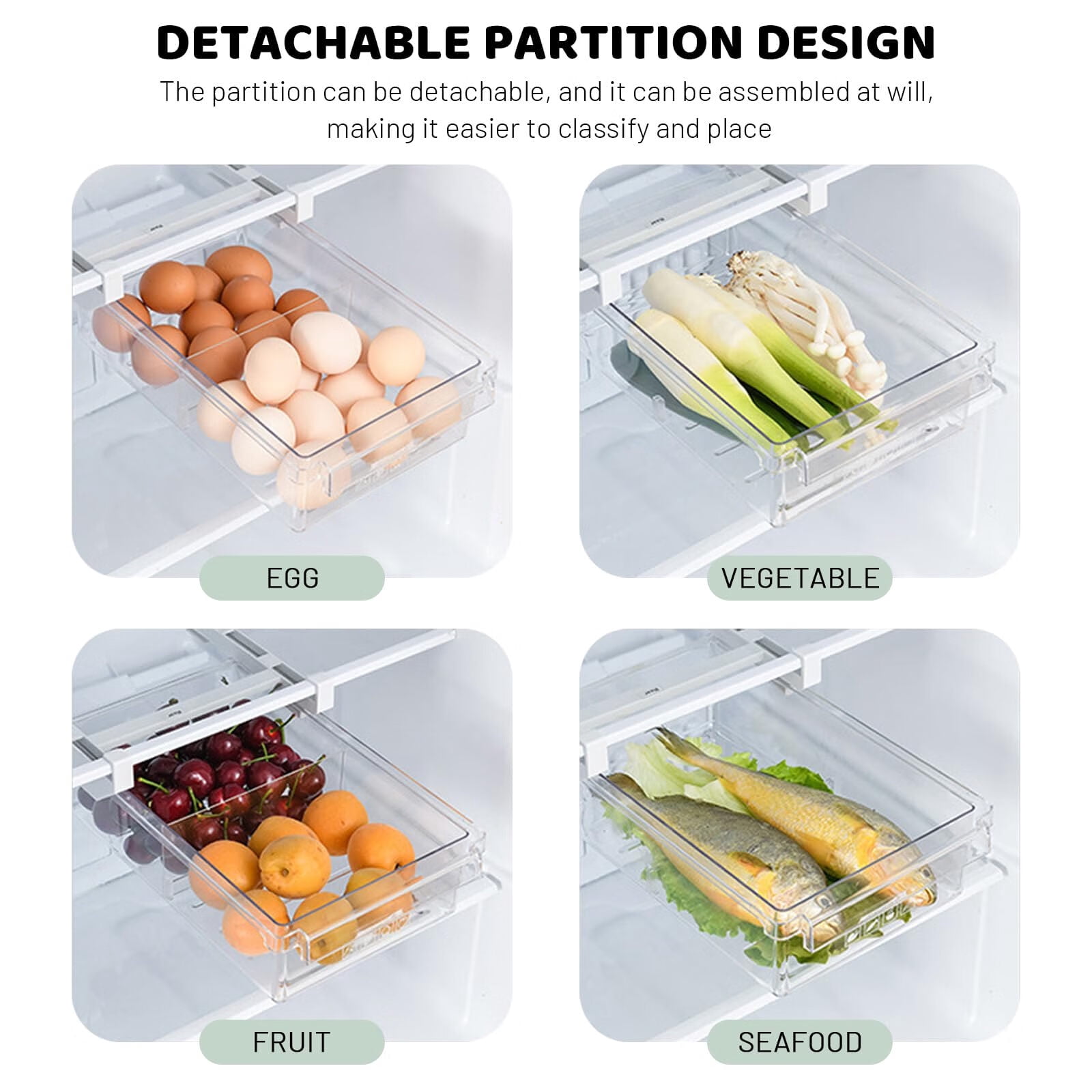 Fridge Organizer Drawer, Refrigerator Drawer Organizer, Pull Out with Handle,Pull Out Shelf Storage Transparent Organizer for Egg,Fruit,Vegetable,Seafood,Beef-4 compartments