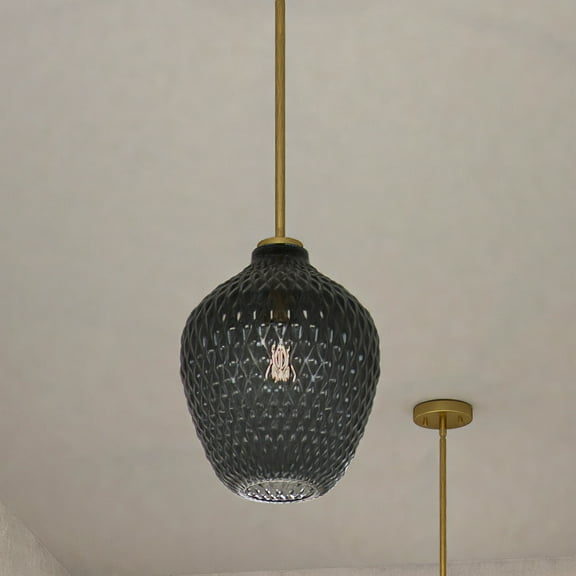 Luxury Mid-Century Modern Pendant , 13''H x 11''W, Brushed Brass and Stained Glass Finish, Cardiff Collection, by Urban Ambiance