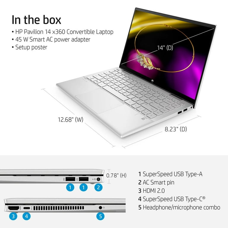  HP Pavilion x360 - Laptop 2 en 1, pantalla táctil FHD de 14  pulgadas, Intel Core i5-1235U, 16 GB de RAM, SSD de 1 TB, cámara web, HDMI,  lector FP, Wi-Fi