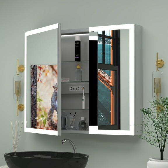 36x30” Lighted Medicine Cabinet, Anti-Fog, Clock, Thermometer, Surface/Recessed, 2 Outlet 2 USB