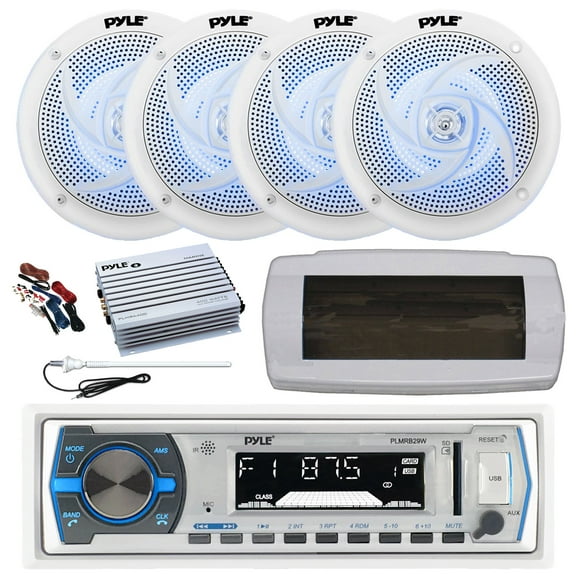 Pyle PLMRB29W Single DIN Bluetooth Marine MP3 AM/FM Stereo Receiver, White Cover, Long Range Antenna, Amplifier w/Kit, 4x 4" 100 Watt 2-Way  Blue Flashing LED Boat Audio Speakers (White)