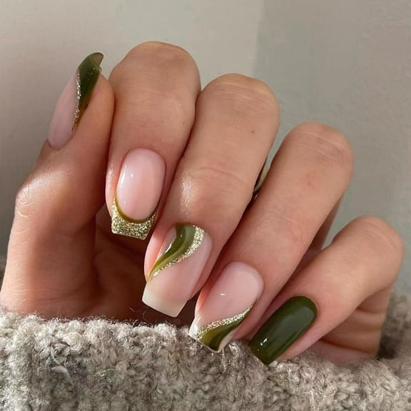 Green Press on Nails Short Square Fake Nails French Tip False Nails with Gold Glitter Swirl Design Full Cover Glossy Pink Glue on Nails Acrylic Nails Artificial Stick on Nails for Women Manicure 24pc