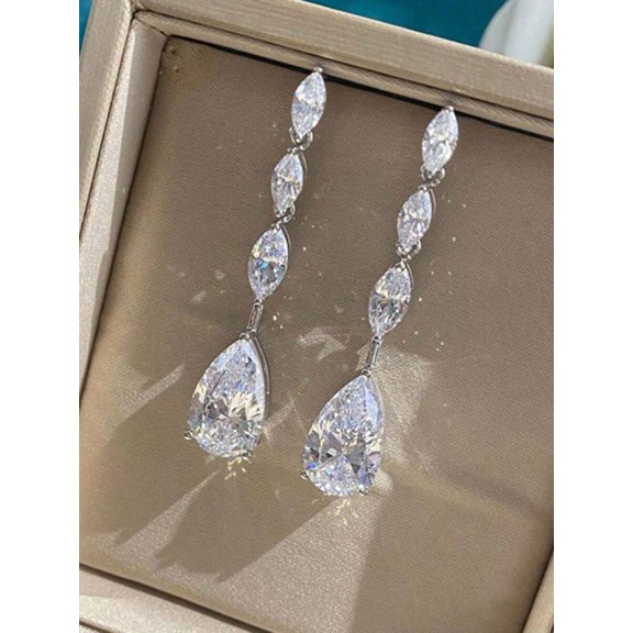 Silver Cubic Zirconia Teardrop Dangle Earrings For Women
