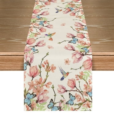 Sm:)e Flowers Bird Butterfly Spring Table Runner, Seasonal Kitchen Dining Table Decoration for Home Party Decor 13x72 Inch