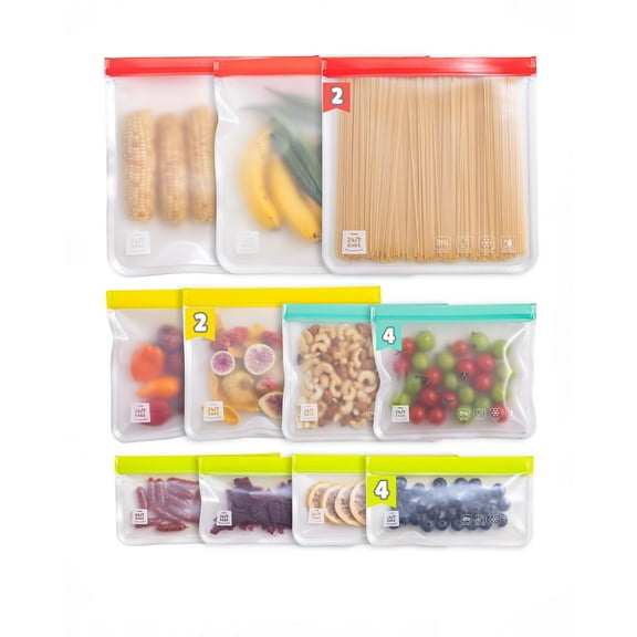 12 Pack Variety Reusable Silicone Bags, Dishwasher Safe, Leakproof, Reusable Freezer Bags (4 Snack, 4 Sandwich, 2 Quart, 2 Gallon)
