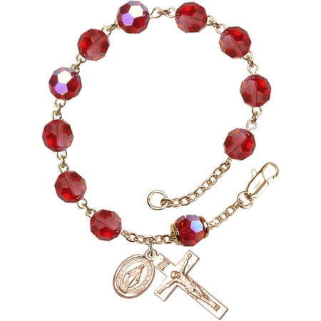 Square Swarovski Rosary Bracelet - All 14 KT Gold Filled Catholic Rosary Bracelet with 8mm Ruby Swarovski and Capped Our Father Aurora Borealis Beads