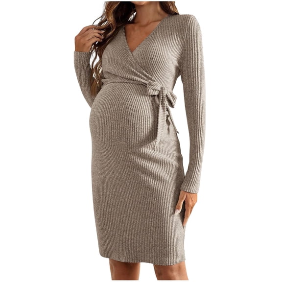 ShomPort Maternity Sweater Dress Winter Fall Comfy Stretchy Tie Waist Long Sleeve Wrap Knit Bodycon Casual Outfits