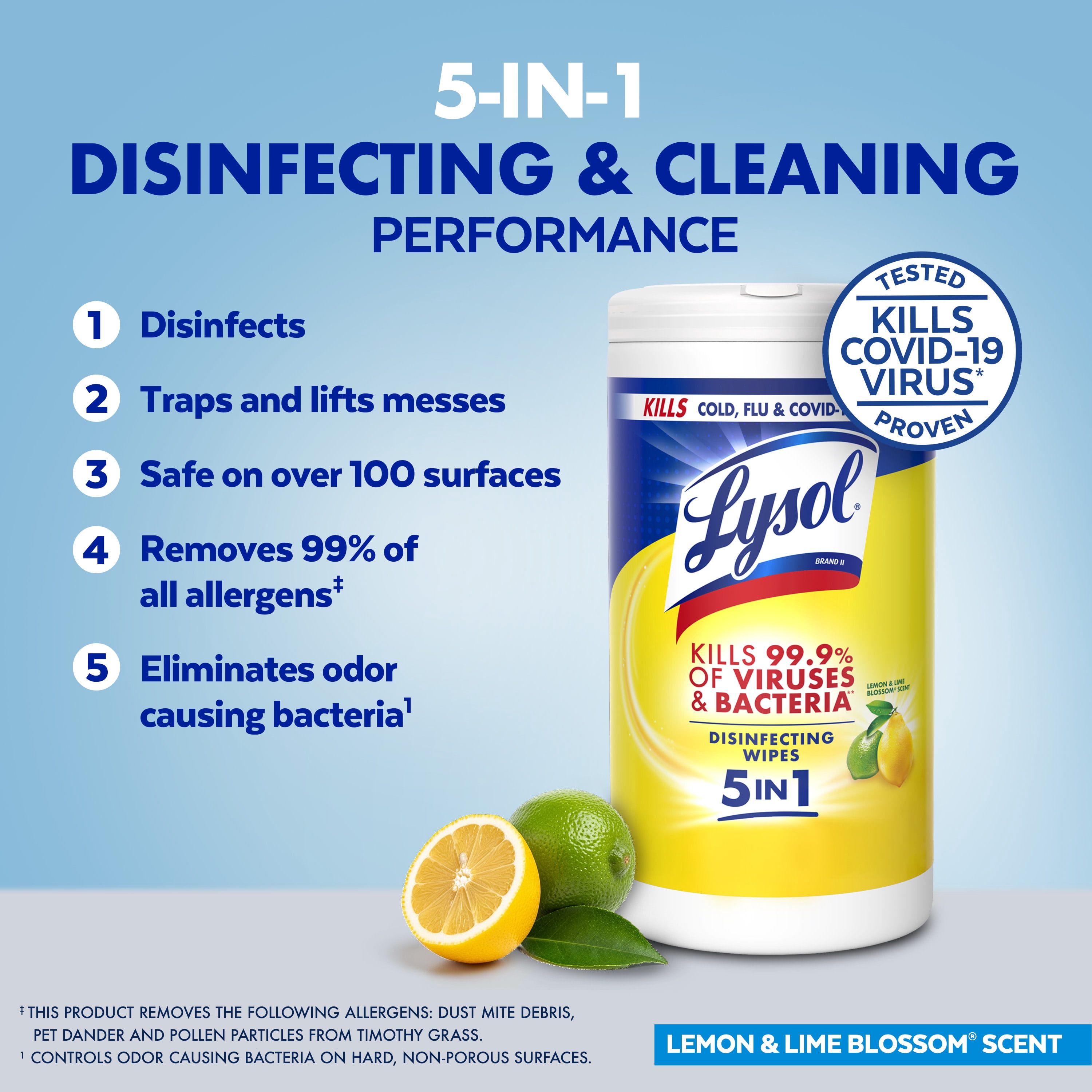 Lysol® Disinfectant Wipes, Multi-Surface Antibacterial Cleaning Wipes, Lemon and Lime Blossom, 80 Count