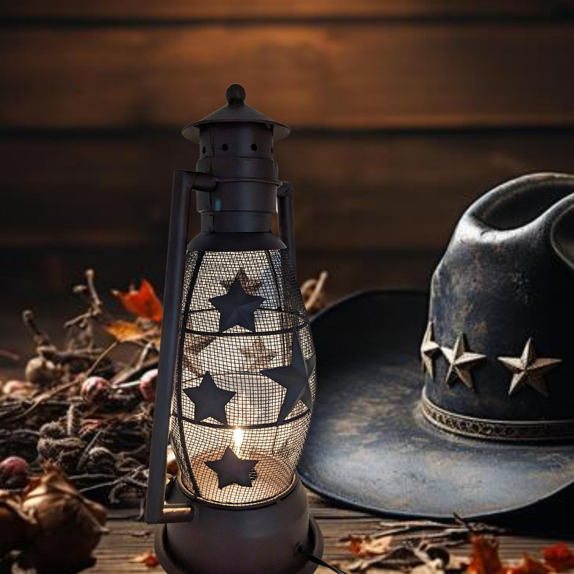 Rustic Metal Star Lantern Nightlight - Vintage Farmhouse Table Lamp with Electric Cord - Western Cowboy Style Décor for Living Room, Bedroom, or Office