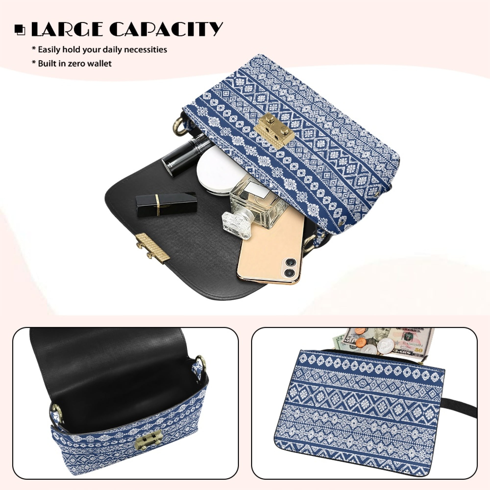 TSOVTHRID Aztec Elephant Floral Blue Print Small Crossbody Bag for Women Leather Crossbody Shoulder Bag Minimalist Travel Purse Cross body Handbag Fits Large Phone