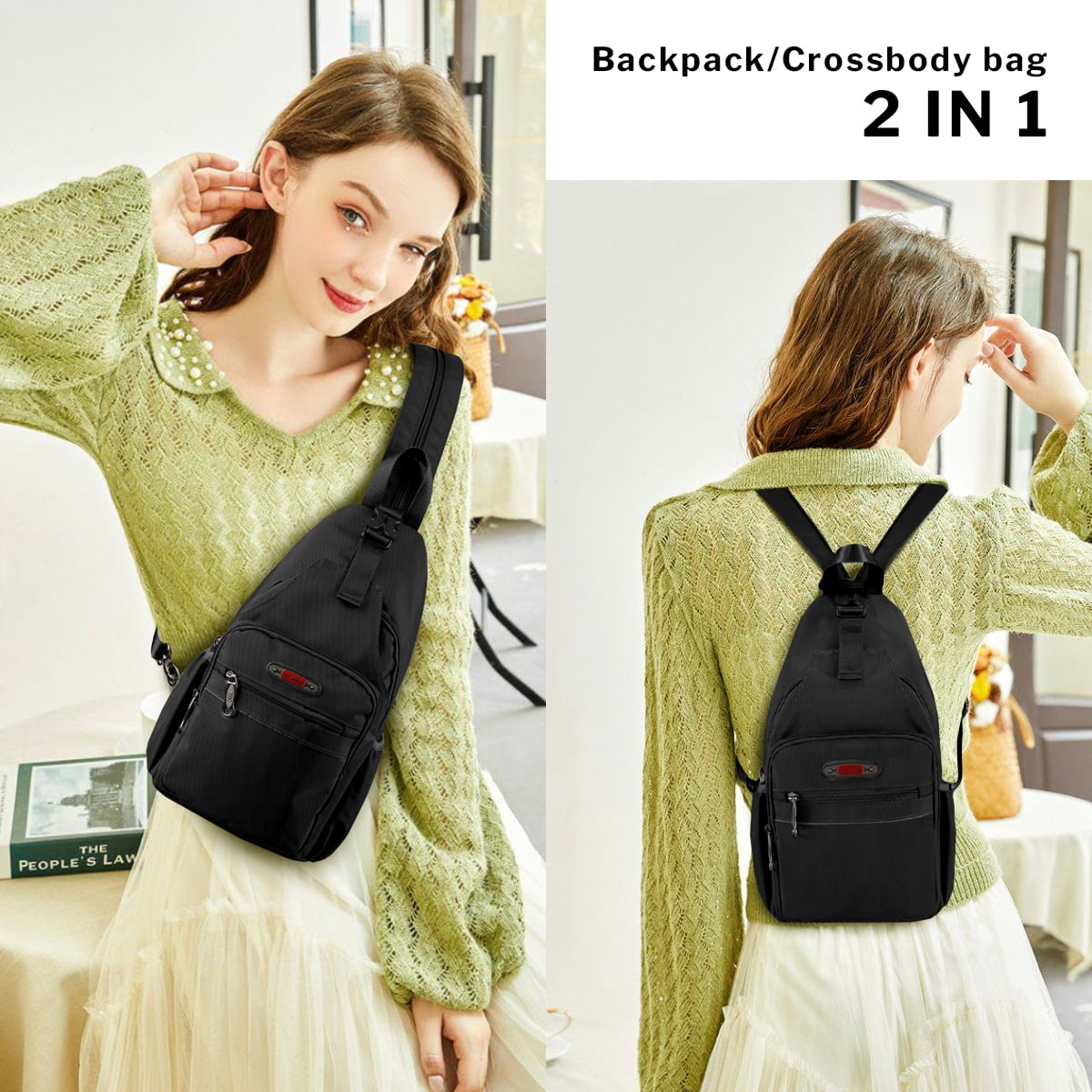 Sling Bags for Men Women Crossbody Small Sling Backpack with Single Double Shoulder Lightweight Over Shoulder Bag for Daily Travel Use,8610-Black