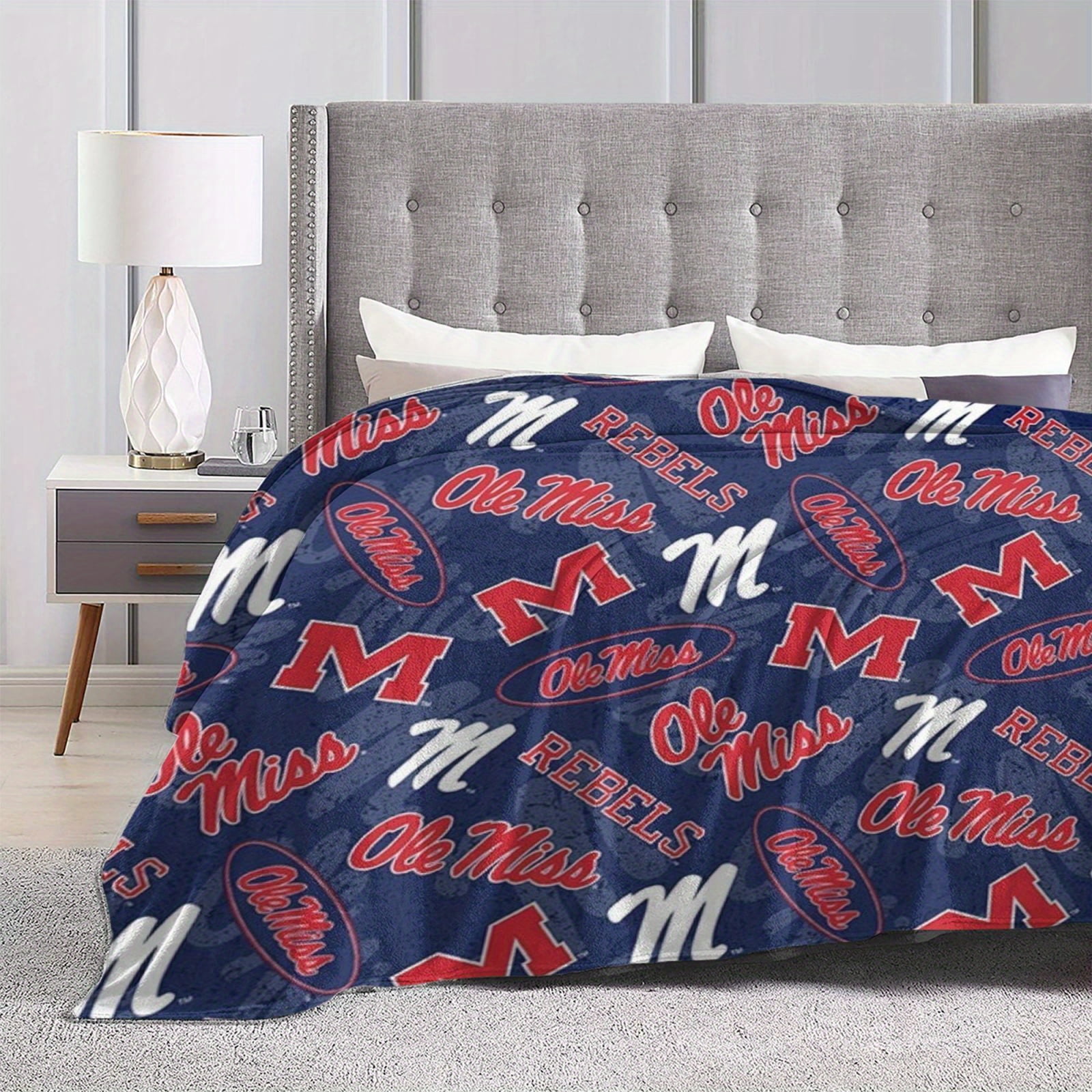 Ole Miss Rebel Flannel Fleece Blanket Soft Warm & Cozy for Sofa Bed Office Car All-Season Gift Vintage Style Digital Print KnittedNavy Blue with Bold Red & White Lettering