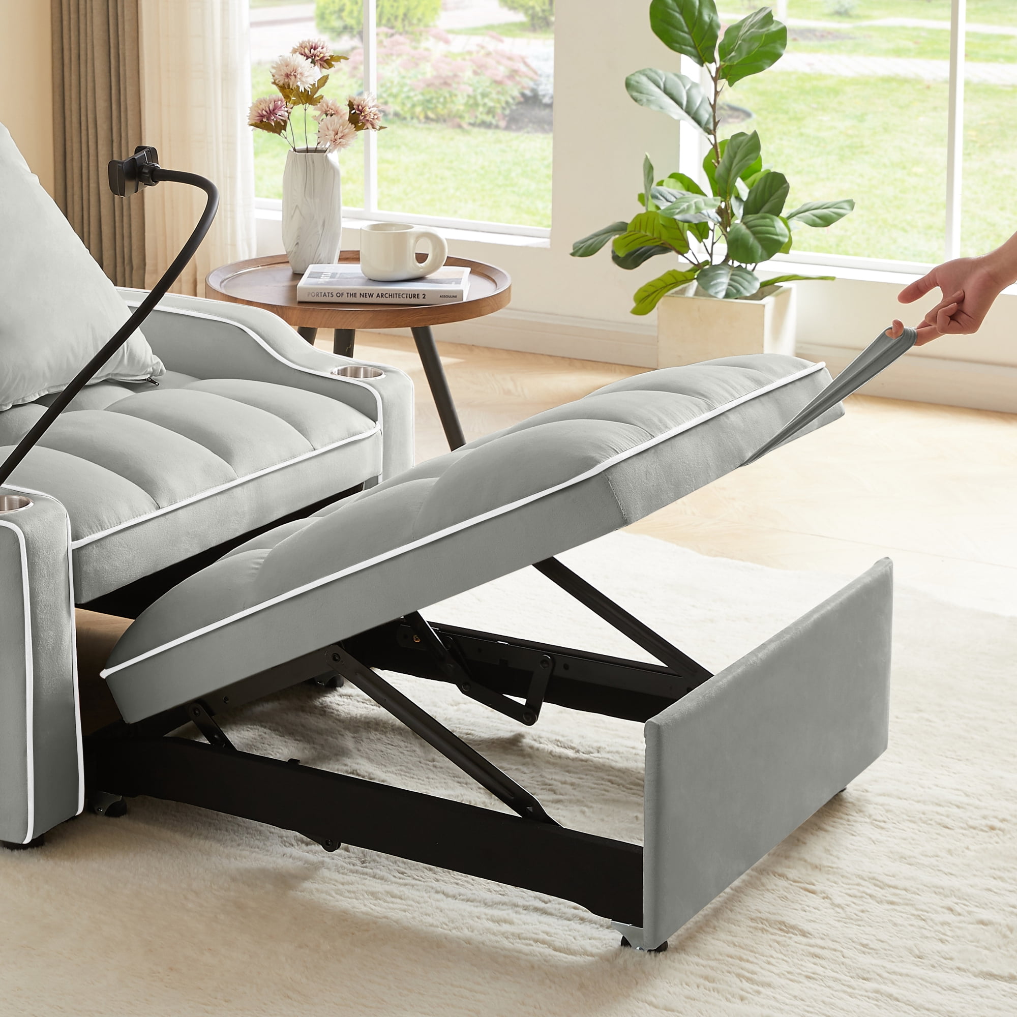 Jopath Convertible Sleeper Sofa Chair Bed,3 in 1 Velvet Single Sofa with Phone Holder & Cupholders,Pull Out Couch Recliner with Adjustable Backrest for Living Room, Office, Small Place,Gray