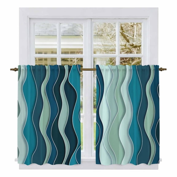 Teal Ombre Tier Curtains, Abstract Art Moire Ocean Waves Light Filtering Kitchen Curtains, 2Pcs Rod Pocket Half Window Treatments Panels for Sink Cafe Cabinet Basement 27.5x45 Inches