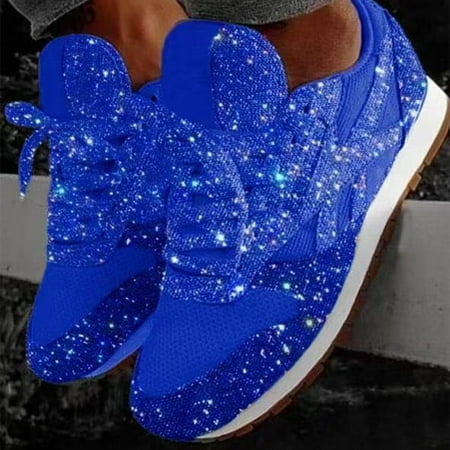 

ZXHACSJ Women s Fashion Casual Breathable Crystal Bling Lace Up Sport Shoes Sneakers Blue 40
