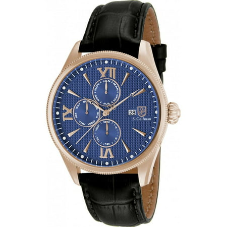 S.Coifman Men's BsonNull Black Leather Band Steel Case Flame-Fusion Crystal Quartz Blue Dial Watch SC0173