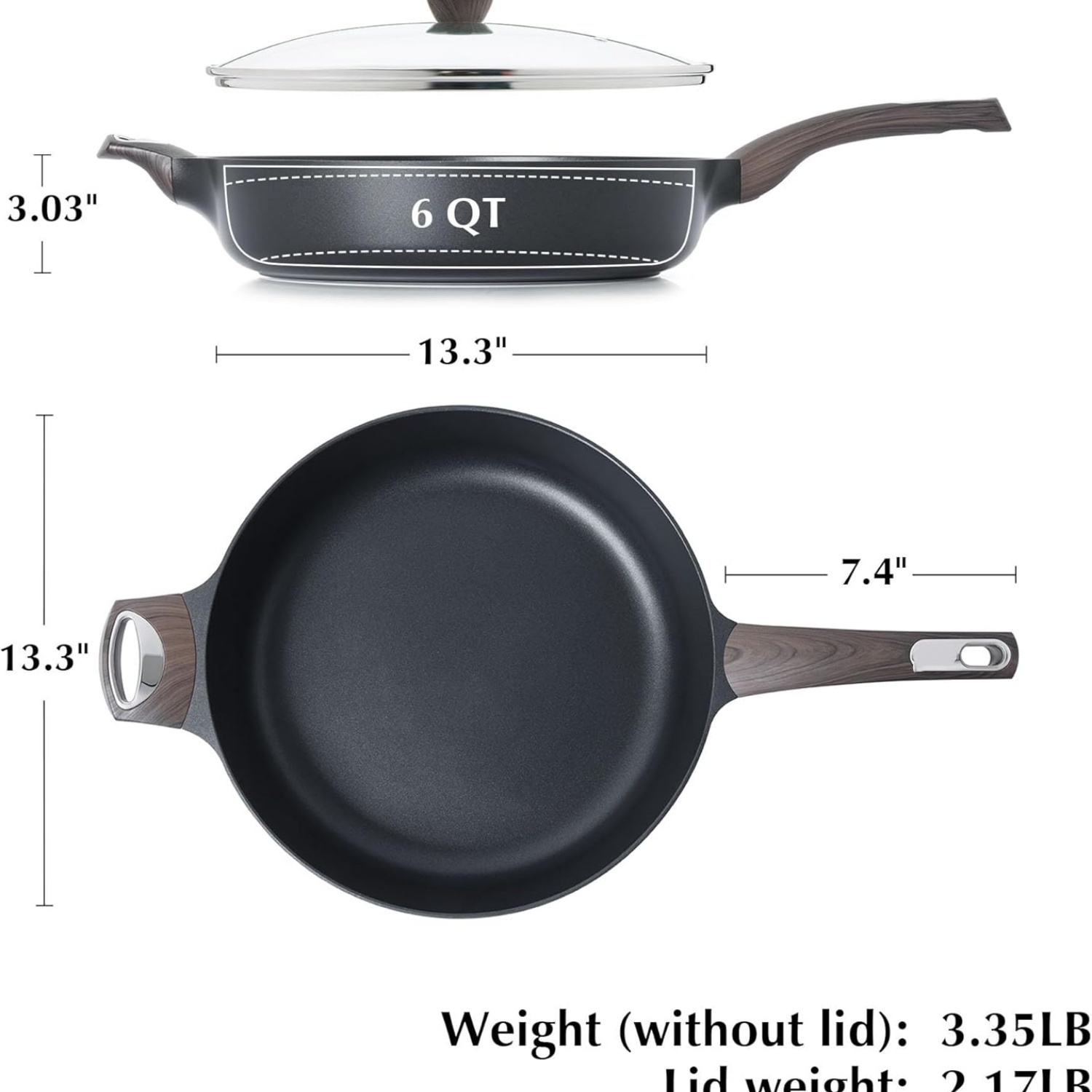 Nonstick Frying Pan Skillet with Lid, 13.3 Inch Large Deep Frying Pan, 6 Qt Non Stick Saute Pan with Cover, Induction Pan, Healthy Non Toxic Cooking Pan with Helper Handle