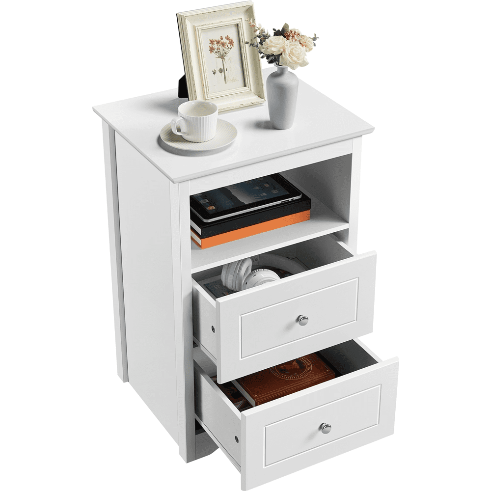 Renwick Wooden Nightstand with Storage Drawers and Open Shelf, White