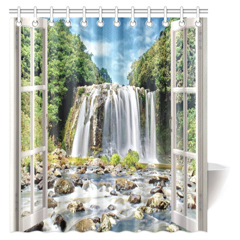 MYPOP Waterfall Shower Curtain Decor, Through White Wooden Windows