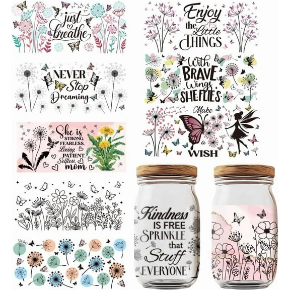 10 Sheets UV DTF Cup Wrap Transfer Stickers Dandelion Rub on Decals Printing Plant PVC Waterproof Cup Transfer Decoration for DIY Bottles Drink Jam Cake Container colorful