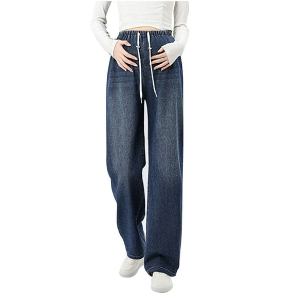 Taqqpue Women's Maternity Jeans Wide Leg High Waist Comfy Stretch Baggy Jeans Loose Fit Drawstring Oversize Pregnancy Pants for Women with Pockets