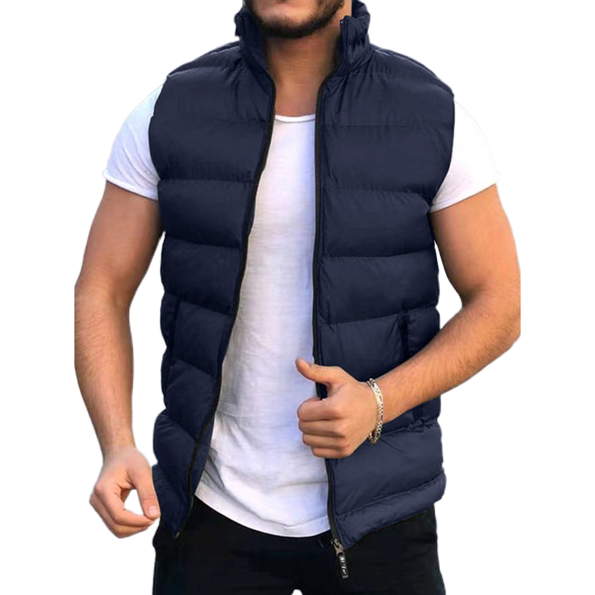 Avamo Men Casual Full Zip Outwear Fashion Jacket Vest Mens Sleeveless  Holiday Coat With Pockets Navy Blue L - Walmart.com