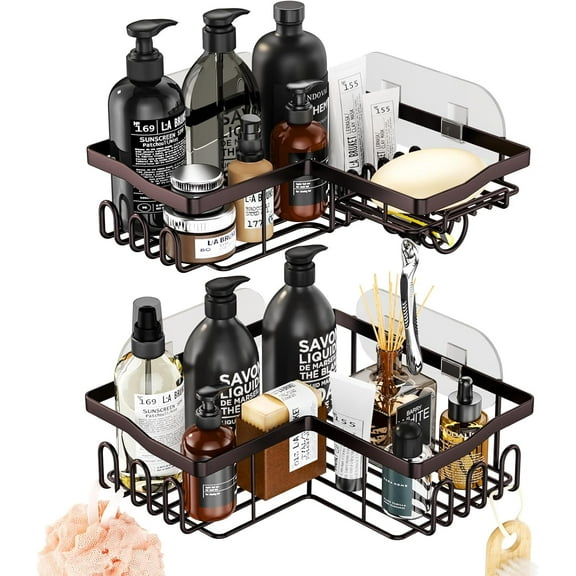 2-Pack Corner Shower Caddy with Soap Holder, No Drilling Shower Organizer Corner with 11 Hooks, Waterproof and Rustproof Stainless Steel Bathroom Shelf -Bronze