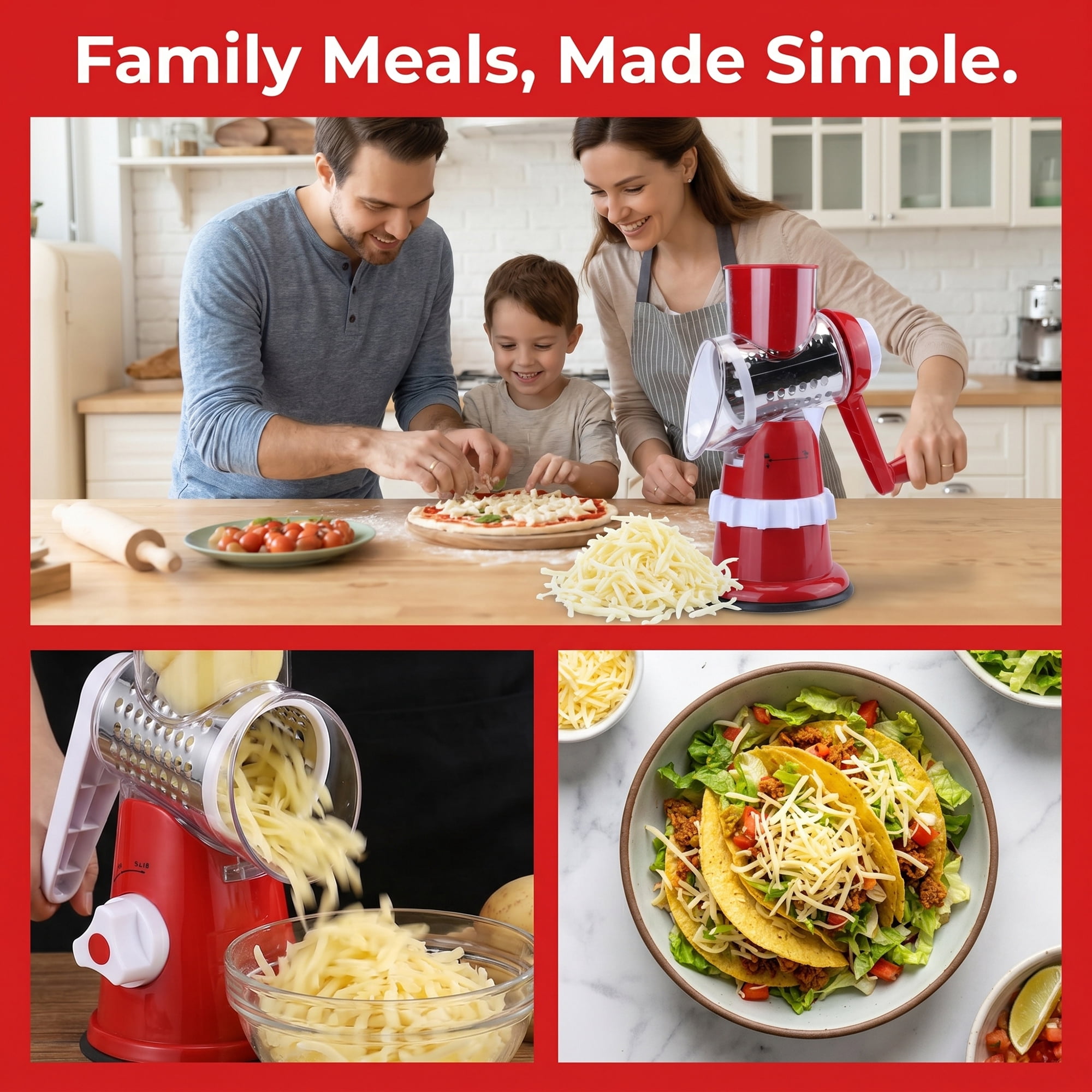 Unique Bargains 3-in-1 Rotary Chopper Manual Slicer with 3 Drums Red 7.7" x 5.2"