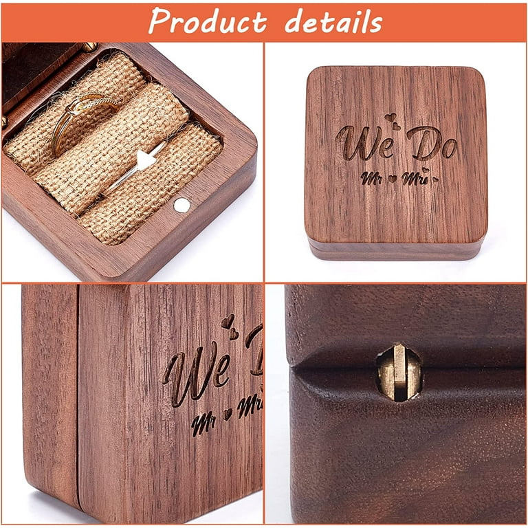 Double Ring Box We Do Ring Bearer Wooden Engraved Box Dual Wedding Ring Holder for Marriage Decorative Vintage Beach Theme Wedding 2.2x2.2inch