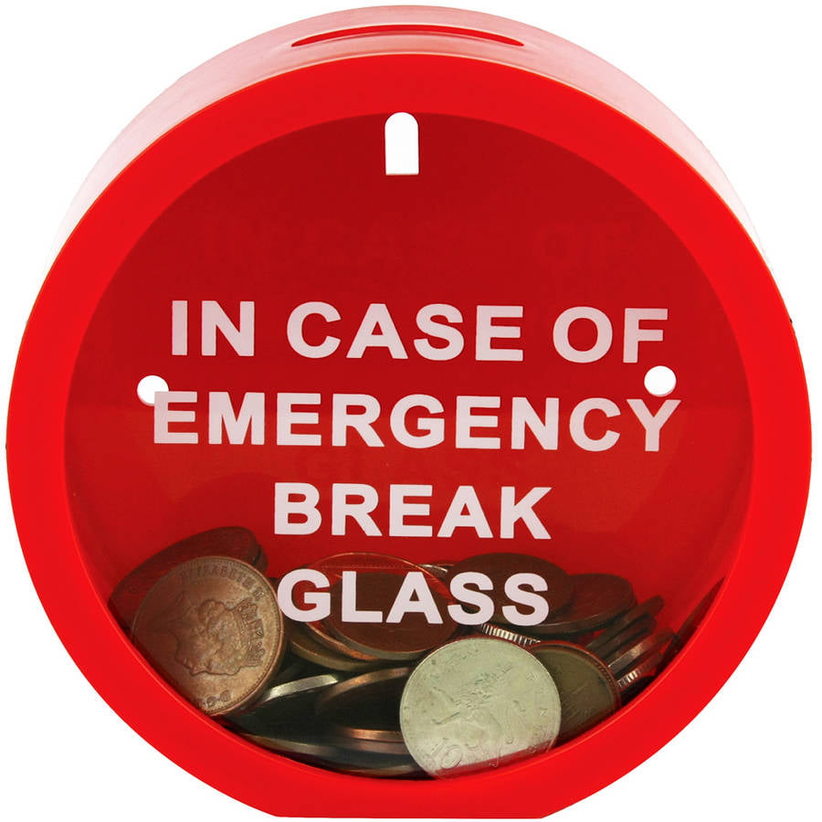 1Pc Red In Case Of Emergency Break Glass Coin Piggy Bank Money Saving Box XU 