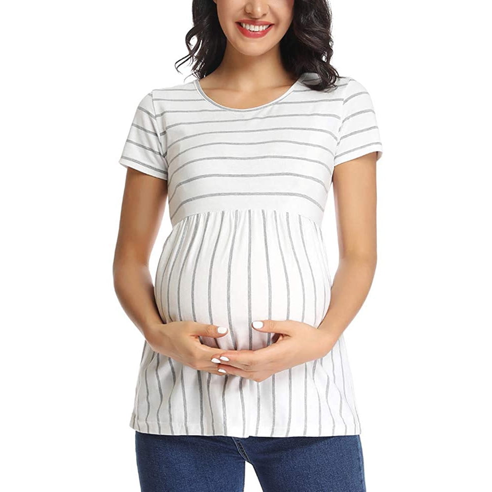 My Bump Bell Sleeve Maternity Pleated Top Bell Sleeve Casual Round Neck Peplum Top 