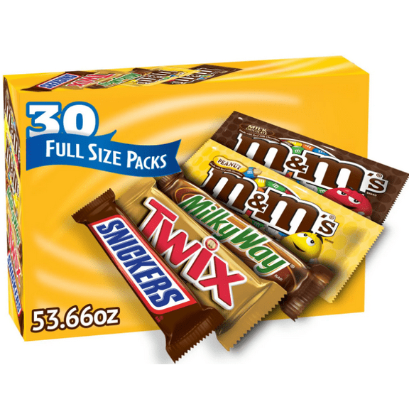 Mars Chocolate Candy Bars Variety Pack, Full Size, 30 Count | Snickers, Twix, M&M’s & More