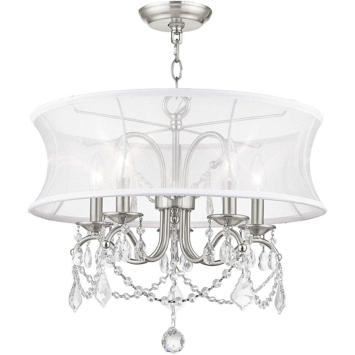 5 Light Brushed Nickel Chandelier with Off White Silk Shimmer Shade