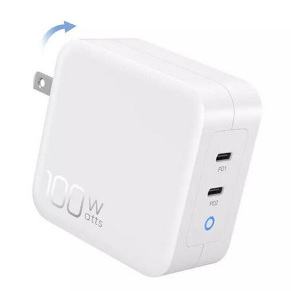 100W Collapsible Wall Charger PD Quick Dual Type-C 2 Ports USB-C Power Adapter