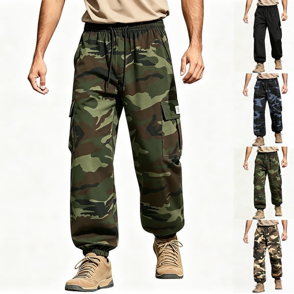 LNZGNM Cargo Pants for Men Relaxed Fit Camo Straight Leg Cargo Pants Lightweight Workout Athletic Joggers with Pockets,Khaki(S)