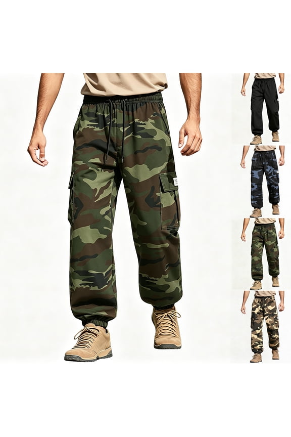 Mens Camouflage Print Jogger Pants Elastic Cuff Ankle Drawstring Waist Casual Outdoor Cargo Pants Green S