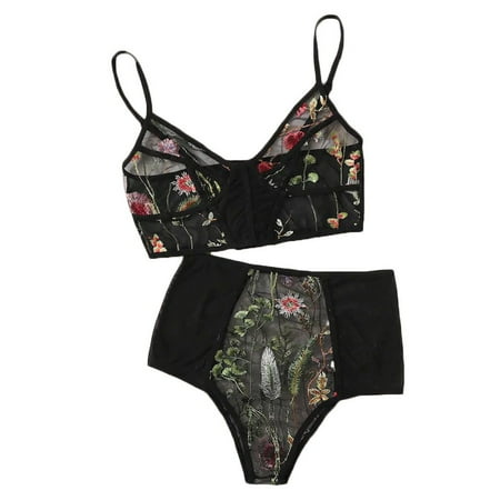 

Fashion Women V-Neck Floral Embroidered Lace Lingerie Set Black Underwear S-2XL sexy lingerie for women crotchless lingerie for women ropa interior femenina sexy