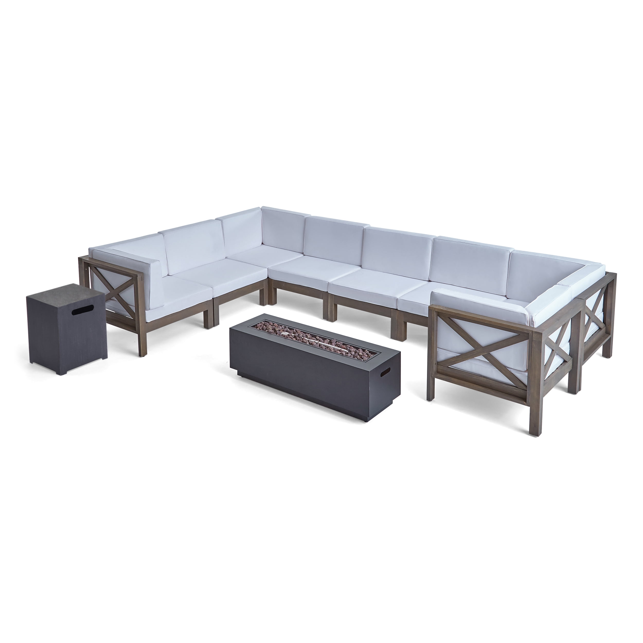 Kobe Outdoor 10 Piece Acacia Wood Sectional Sofa Set with Cushions and Fire Pit, Gray, White, Dark Gray