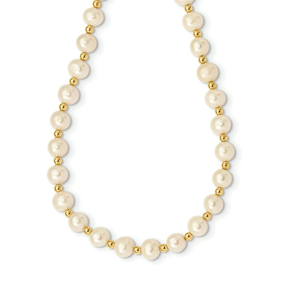14K Yellow Gold 6-7mm White Near Round FWC Cultured Pearl Bead Necklace Size 18
