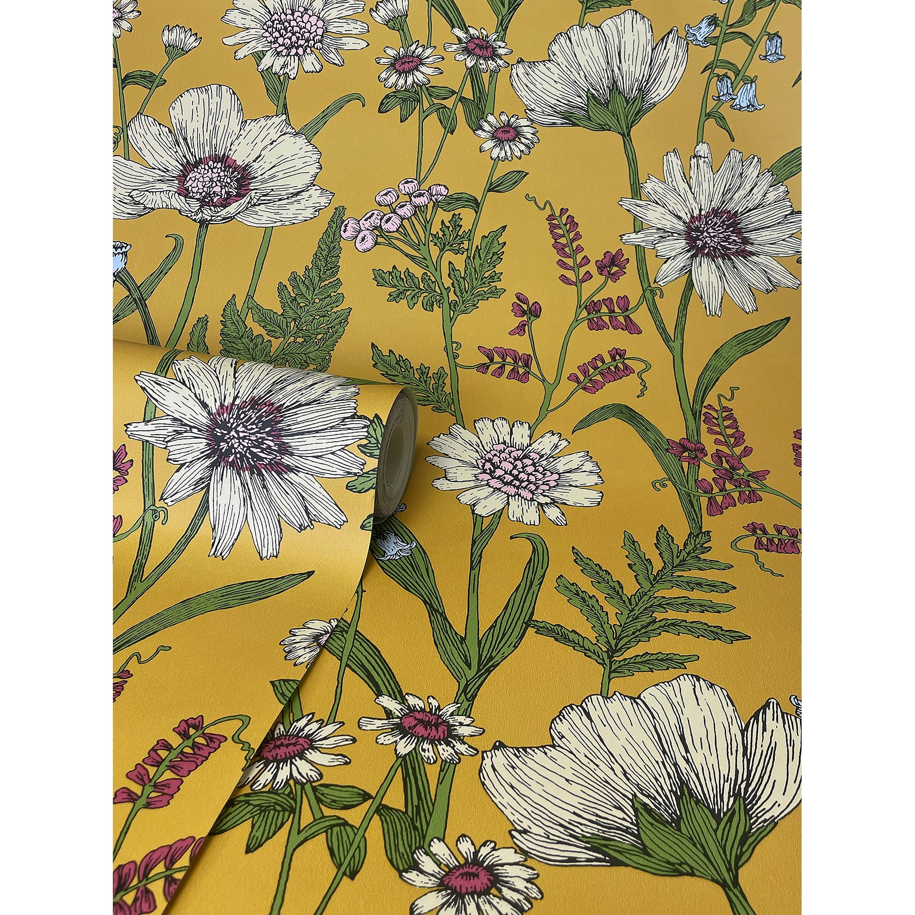 Fine Decor Arden Mustard Wild Meadow Wallpaper, 20.5-in by 33-ft